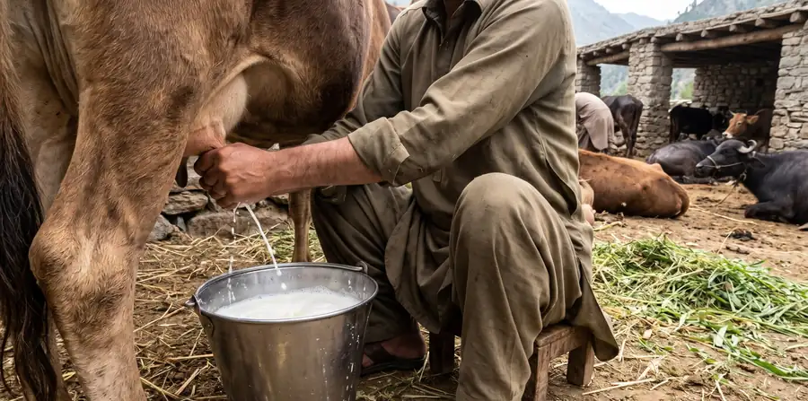 Milking a cow into a steel bucket on our farm in Madyan, Swat