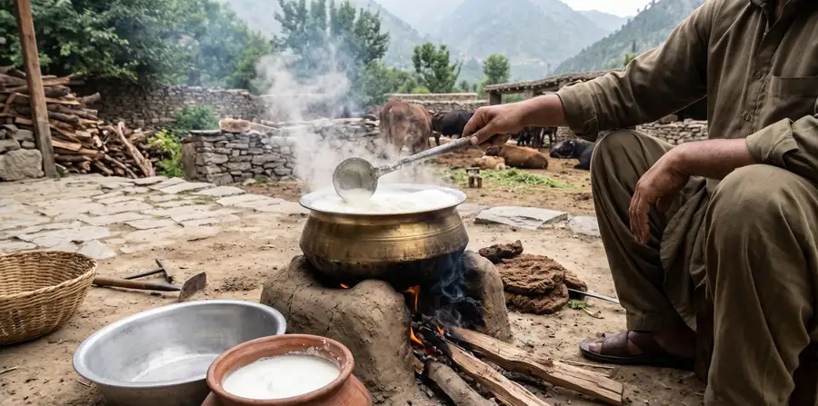 Milk being boiled in a brass pot over a wood fire