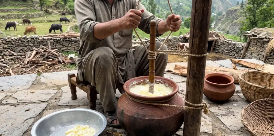 Traditional churning of milk in a clay pot