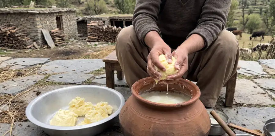 Fresh butter being collected by hand from the clay pot