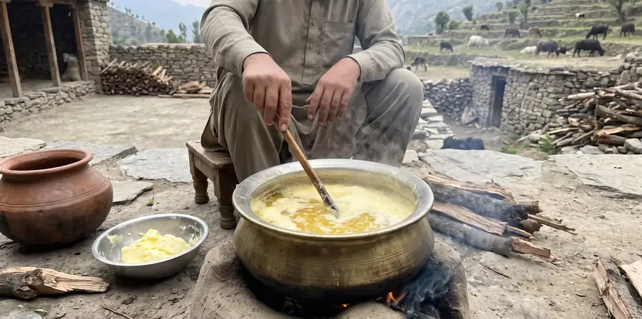 Butter slowly cooking into ghee in a brass pot