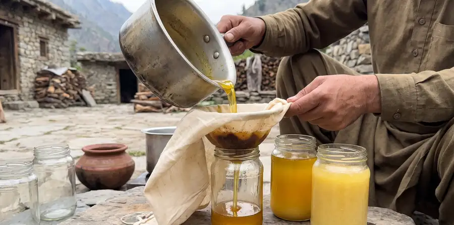 Golden ghee being strained through cloth into glass jars